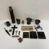 A mixed collection of 19th century and later items to include a brass leather-bound telescope, an