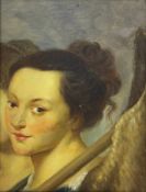 An Italian Renaissance style oil on board, portrait of a lady in a birdseye maple frame. H.40 W.