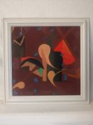 A 20th century abstract oil on board in a white painted frame. 64x64cm.