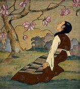 A contemporary Oriental mixed media painting and embroidery depicting a seated figure before a