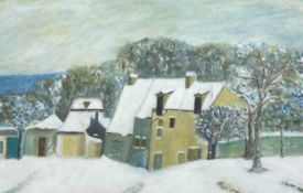 A 20th century English School oil painting depicting a snow covered country village, signed to the