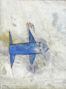 A contemporary mixed media oil and caustic paint on board depicting a crudely painted abstract