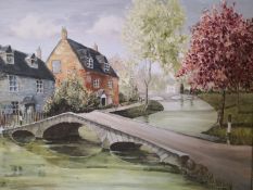 A late 20th century oil on board depicting cottages and a bridge on a canal in a rural village,