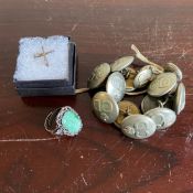 A mixed lot to include a .925 silver stylised crucifix pendant, a repousse silver mounted carved
