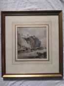 A 19th century watercolour depicting fisherfolk landing a boat in a rural coastal landscape,