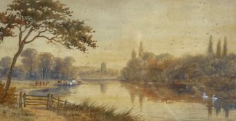 An early 19th century English School watercolour depicting cattle and swans on a lake in a country