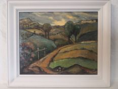 An early 20th century oil on board depicting a hilly country landscape in a white painted frame.