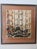 A 20th century Oriental watercolour, abstract figures and rooftops, signed to the lower right in a