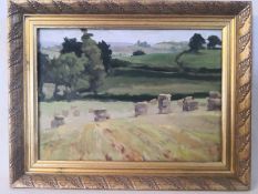 A 20th century Impressionist style oil on canvas depicting stacks of hay bails in a rural