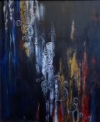 A contemporary abstract acrylic on canvas titled 'Thermal' by Sheila Ball in a silver giltwood frame
