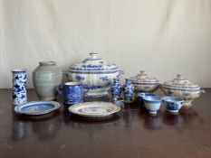 A mixed collection of blue and white and other ceramics to include a 20th century Chinese brush
