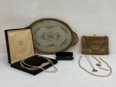 A mixed collection to include a 9ct gold openwork pendant and chain, a pearl necklace, a pair of C.
