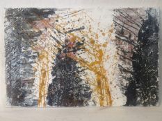 A 1960s Abstract Expressionist style oil on metal panel with an inscribed note to the reverse.