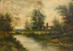 A 19th century oil on board, village and river in a rural landscape, signed to the lower right in