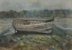 A contemporary pastel on paper by Michael Atwood, moored boat on a riverscape, signed and dated 2001