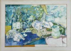 A 20th century Cubist still life bottles, glasses and skull on a table with an abstract background
