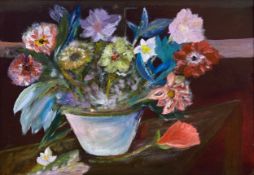A contemporary oil on board, still life flowers, signed and dated 2014 to the lower left in a