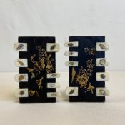 Two Japanese gilt decorated and lacquered card game scorers with bird and insect decorated bone