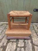A C.1900 wicker stool on circular tapering supports along with a 19th century footrest having a