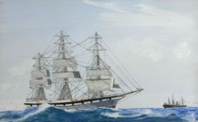 A mid 20th century gouache depicting sailing ships at sea, signed and dated 1977 to the lower
