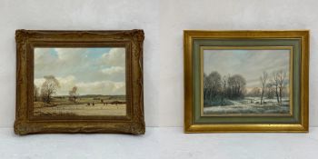 Two framed oils on canvas, a hunting scene and deer in a winter landscape, both signed Mace. H.44.