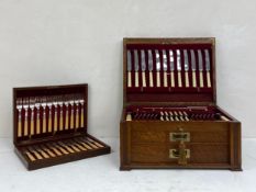 A full cutlery canteen for twelve place settings in a fitted oak campaign style chest by Joseph