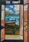 A contemporary oil on board by Michael Atwood, view from a window of a beached boat on a coastal