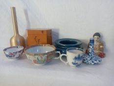 A miscellaneous collection of Oriental items, cups, lacquered box, ceramic stand etc. H.21cm (