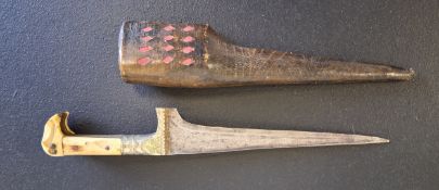 A possibly 19th centuy Indian Choora knife or dagger having a hooked bone handle with an engraved