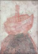 A contemporary mixed media oil and caustic paint on board, an abstract depiction of the Arc in a