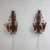 A pair of twin branch wall sconces of floral design made from copper wire. L.46cm