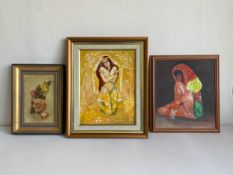 Three paintings to include a signed oil on board titled 'Roses' by Chris Welch along with a