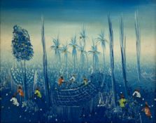 Cemoin Souffrant (b.1949), acrylic on board, Haitian landscape with figures, signed, gilt framed.