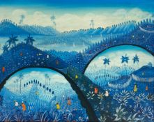 Cemain Souffrant (b.1949), acrylic on board, Haitian landscape with figures, signed, gilt framed.