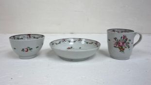 Three pieces of late 18th century New Hall pearlware porcelain to include a tea bowl, coffee can and
