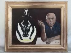 A contemporary oil on canvas by S. Powell titled 'Picasso's Ceramic Taureau', signed to the lower