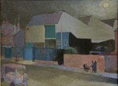 A large Modern British style oil on board, urban street scene with figures, indistinctly signed to