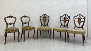 A mixed collection to include a pair of 19th century walnut balloon back chairs each having a carved