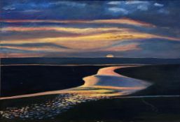 A contemporary oil on board by Michael Atwood, sunset landscape, signed and dated 2001 to the