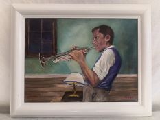 A contemporary oil on canvas by S. Powell titled 'Miles Davis', signed to the lower right in a