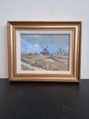 A contemporary oil painting on board by Michael Atwood depicting a cottage and windmill in a country