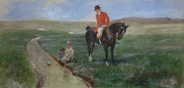 An early 20th century watercolour, huntsman by a stream with children, framed and glazed. H.33.5 W.