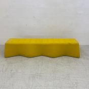 A retro styled upholstered bench by Naughtone with maker's label. L.180 H.40cm