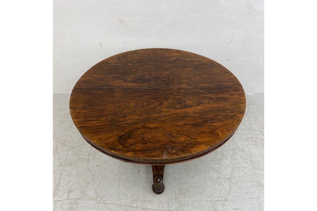 A William IV rosewood tilt top table dining table on triform acanthus carved base. H.73 Dia.128cm ( - Image 3 of 8