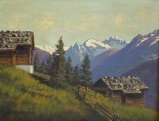 A 19th century oil on canvas, cottages in an alpine landscape, signed Surés to the lower left in a