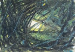 A contemporary mixed media abstract woodland scene, signed to the lower right in a glazed frame. H.