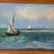 A 20th century Impressionist style oil on board, sailing boats at sea, in a gilt frame. 45 x 34cm
