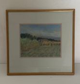A framed and glazed pastel, Farm, Les Cabanes, signed and dated Peter Thomas. H.49 W.52cm