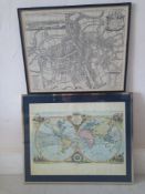 A 19th century city map and a map of the world, framed and glazed. 55x66cm (Largest).