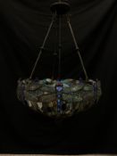 An early 20th century Art Nouveau Tiffany style coloured glass and lead work Dragonfly plaffonier